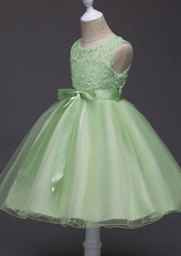 Organza Bateau Tea-Length A-line Flower Girl Dress with Waistband