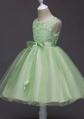 Organza Bateau Tea-Length A-line Flower Girl Dress with Waistband