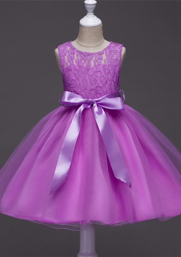 Organza Bateau Tea-Length A-line Flower Girl Dress with Waistband
