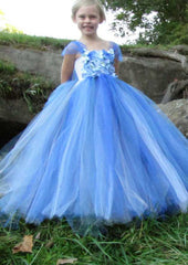 Tulle Square Neckline Floor-Length A-line Flower Girl Dress with Applique