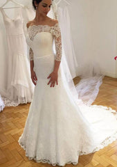 Sheath/Column Off-the-Shoulder 3/4 Sleeve Court Train Lace Wedding Dress