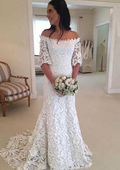 Sheath/Column Off-the-Shoulder Half Sleeve Sweep Train Lace Wedding Dress
