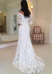 Sheath/Column Off-the-Shoulder Half Sleeve Sweep Train Lace Wedding Dress
