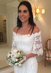 Sheath/Column Off-the-Shoulder Half Sleeve Sweep Train Lace Wedding Dress