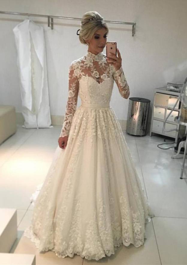 Full/Long Sleeve Long/Floor-Length Lace Wedding Dress with Appliqued, A-line/Princess High-Neck