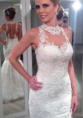 Appliqued Trumpet/Mermaid High-Neck Sleeveless Long/Floor-Length Lace Wedding Dress