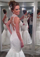 Appliqued Trumpet/Mermaid High-Neck Sleeveless Long/Floor-Length Lace Wedding Dress