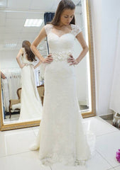 Sashes Sheath/Column Scalloped Neck Sleeveless Court Train Lace Wedding Dress
