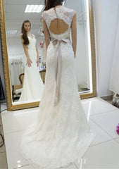 Sashes Sheath/Column Scalloped Neck Sleeveless Court Train Lace Wedding Dress