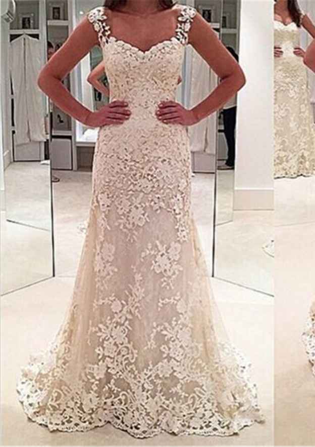 Appliqued Sheath/Column Sweetheart Sleeveless Sweep Train Lace Wedding Dress