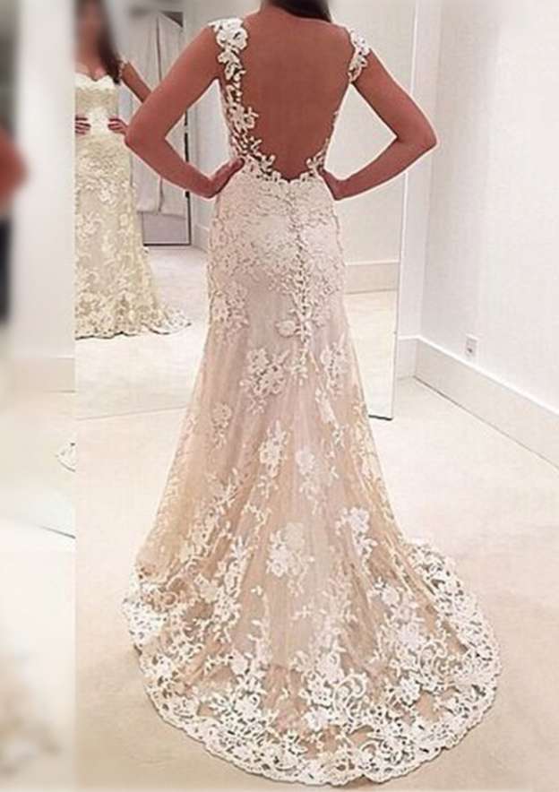 Appliqued Sheath/Column Sweetheart Sleeveless Sweep Train Lace Wedding Dress