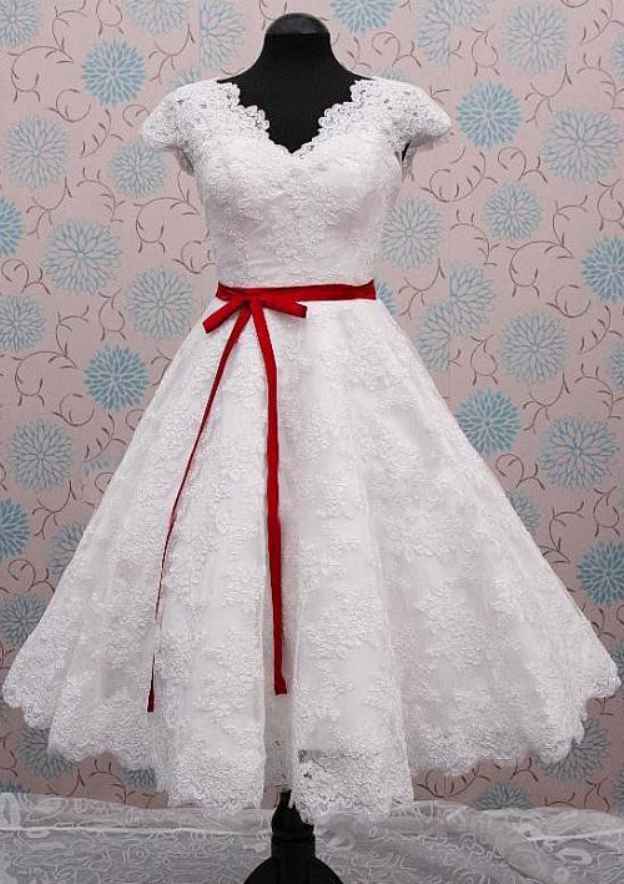 Sashes Ball Gown Scalloped Neck Sleeveless Tea-Length Lace Wedding Dress