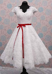 Sashes Ball Gown Scalloped Neck Sleeveless Tea-Length Lace Wedding Dress