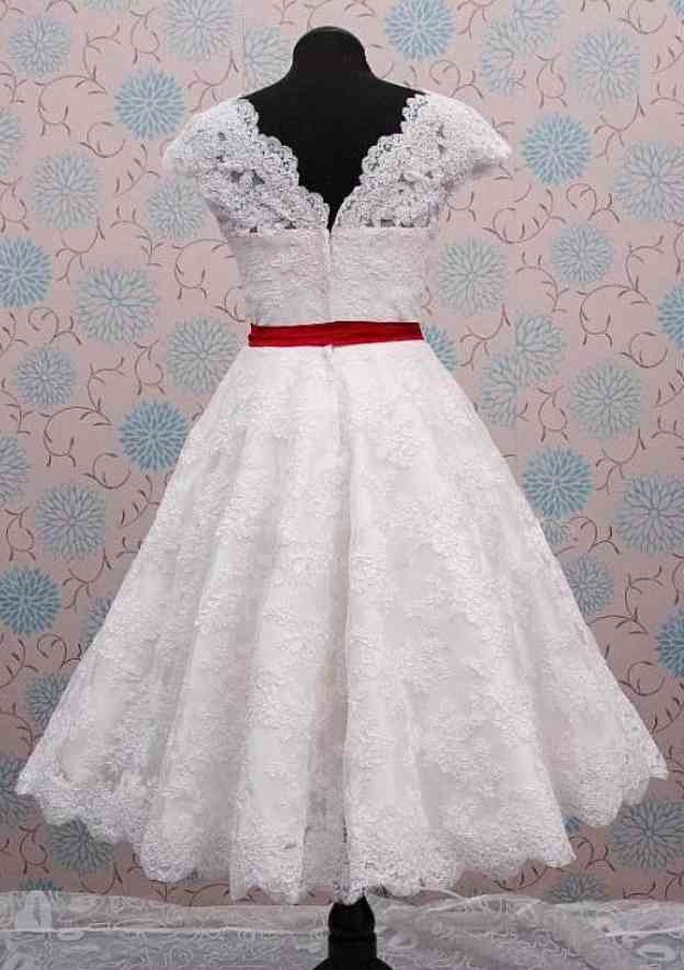 Sashes Ball Gown Scalloped Neck Sleeveless Tea-Length Lace Wedding Dress