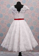 Sashes Ball Gown Scalloped Neck Sleeveless Tea-Length Lace Wedding Dress