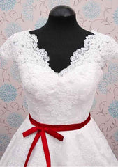 Sashes Ball Gown Scalloped Neck Sleeveless Tea-Length Lace Wedding Dress