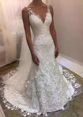 Sleeveless Court Train Lace Wedding Dress with Appliqued, Sheath/Column V Neck