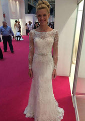 Appliqued Waistband Sheath/Column Bateau Full/Long Sleeve Lace Wedding Dress