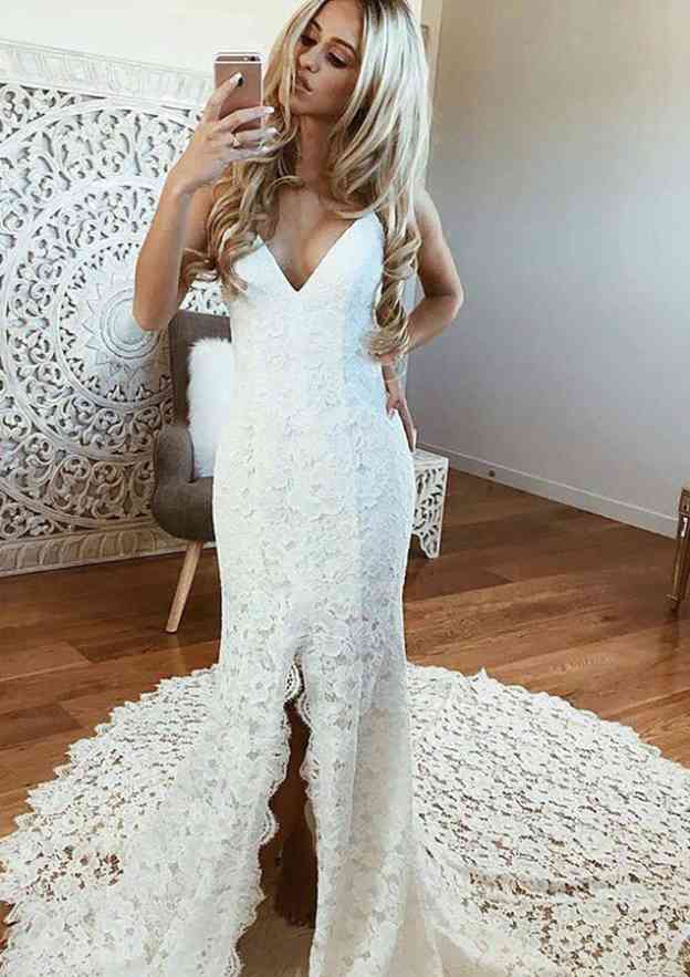 Split V Neck Sleeveless Trumpet/Mermaid Chapel Train Lace Wedding Dress