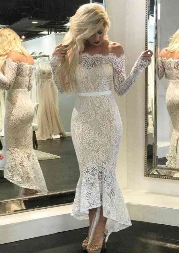 Waistband Trumpet/Mermaid Off-the-Shoulder Full/Long Sleeve Asymmetrical Lace Wedding Dress