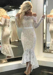 Waistband Trumpet/Mermaid Off-the-Shoulder Full/Long Sleeve Asymmetrical Lace Wedding Dress