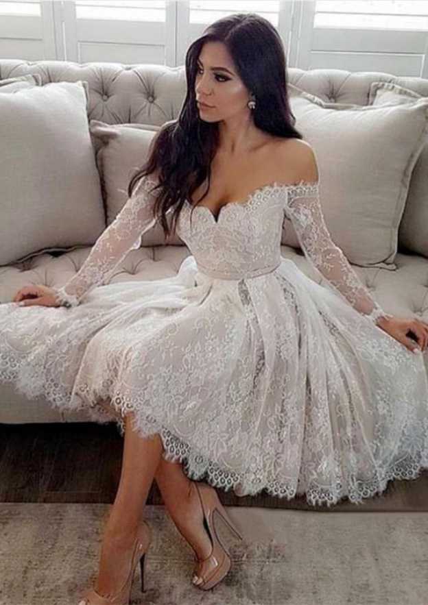 Off-the-Shoulder Full/Long Sleeve Knee-Length Lace Wedding Dress, A-line/Princess