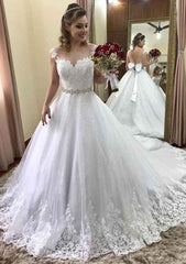 Appliqued Bowknot Waistband Ball Gown Bateau Sleeveless Court Train Lace Wedding Dress