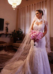 Appliqued High-Neck Sleeveless Sheath/Column Court Train Lace Wedding Dress