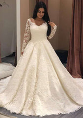 Full/Long Sleeve Chapel Train Lace Wedding Dress, Ball Gown Bateau