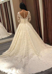 Full/Long Sleeve Chapel Train Lace Wedding Dress, Ball Gown Bateau