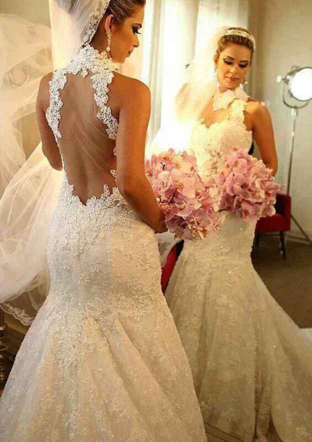 Appliqued High-Neck Sleeveless Sheath/Column Court Train Lace Wedding Dress