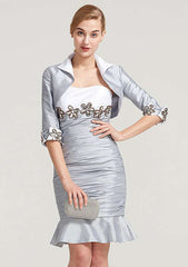 Knee-Length Taffeta Mother of the Bride Dress with Jacket Appliqued Pleated, Sleeveless Sweetheart Trumpet/Mermaid