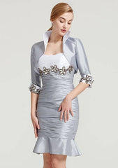 Knee-Length Taffeta Mother of the Bride Dress with Jacket Appliqued Pleated, Sleeveless Sweetheart Trumpet/Mermaid