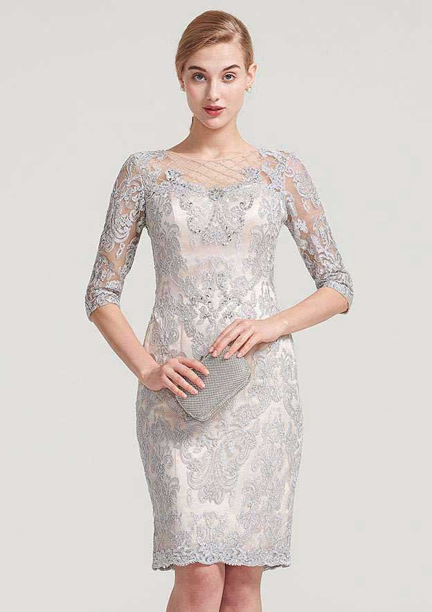 Knee-Length Chiffon Mother of the Bride Dress with Jacket Beading, Half Sleeve Bateau Sheath/Column