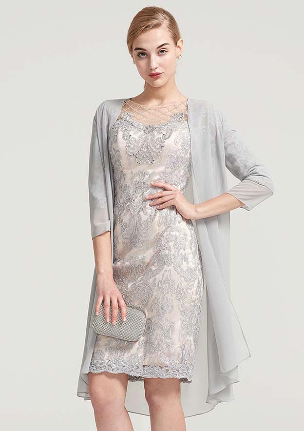 Knee-Length Chiffon Mother of the Bride Dress with Jacket Beading, Half Sleeve Bateau Sheath/Column