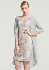 Knee-Length Chiffon Mother of the Bride Dress with Jacket Beading, Half Sleeve Bateau Sheath/Column