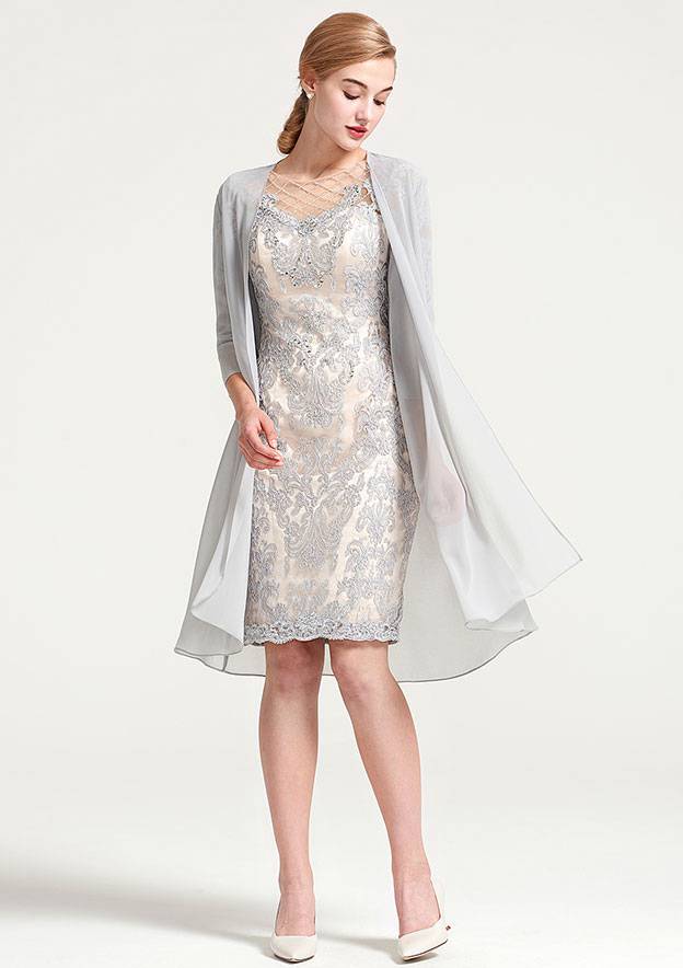 Knee-Length Chiffon Mother of the Bride Dress with Jacket Beading, Half Sleeve Bateau Sheath/Column