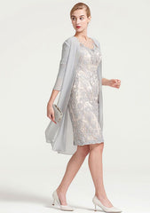 Knee-Length Chiffon Mother of the Bride Dress with Jacket Beading, Half Sleeve Bateau Sheath/Column