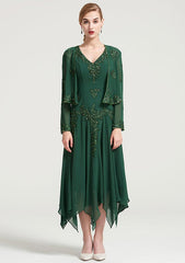 Tea-Length Chiffon Mother of the Bride Dress with Jacket Appliqued Beading, Short Sleeve V Neck A-line