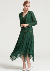 Tea-Length Chiffon Mother of the Bride Dress with Jacket Appliqued Beading, Short Sleeve V Neck A-line