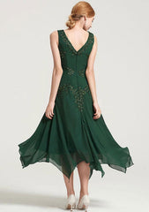 Tea-Length Chiffon Mother of the Bride Dress with Jacket Appliqued Beading, Short Sleeve V Neck A-line