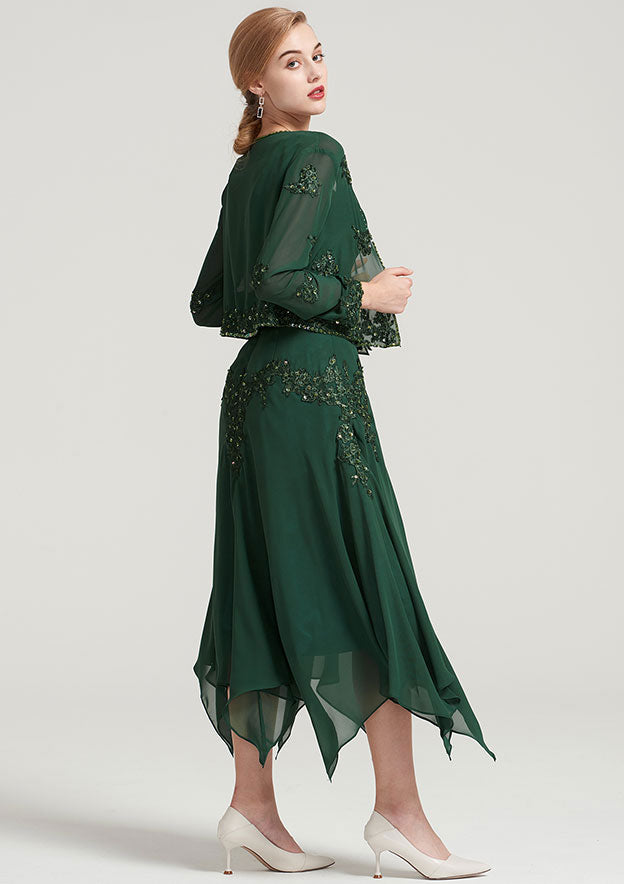Tea-Length Chiffon Mother of the Bride Dress with Jacket Appliqued Beading, Short Sleeve V Neck A-line