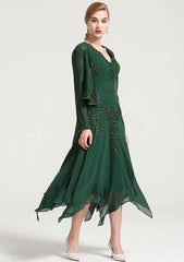 Tea-Length Chiffon Mother of the Bride Dress with Jacket Appliqued Beading, Short Sleeve V Neck A-line