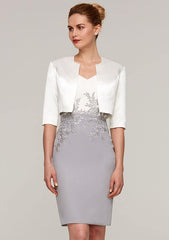 Knee-Length Chiffon Mother of the Bride Dress with Jacket Appliqued, Short Sleeve V Neck Sheath/Column