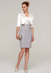 Knee-Length Chiffon Mother of the Bride Dress with Jacket Appliqued, Short Sleeve V Neck Sheath/Column