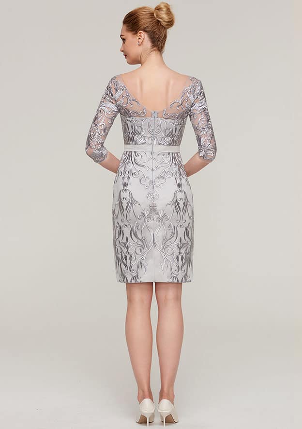 Knee-Length Chiffon Mother of the Bride Dress with Jacket Appliqued Waistband, 3/4 Sleeve V Neck Sheath/Column