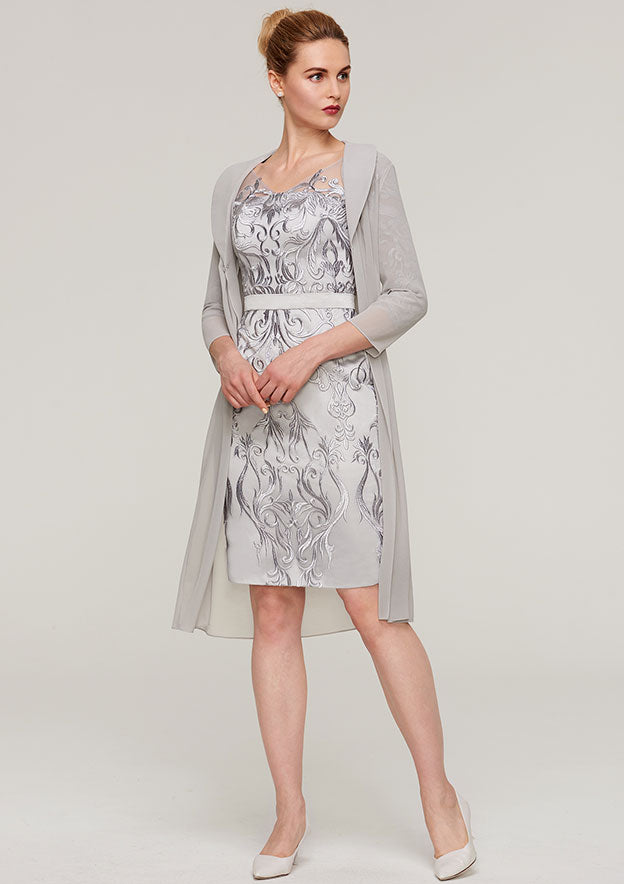 Knee-Length Chiffon Mother of the Bride Dress with Jacket Appliqued Waistband, 3/4 Sleeve V Neck Sheath/Column