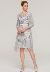 Knee-Length Chiffon Mother of the Bride Dress with Jacket Appliqued Waistband, 3/4 Sleeve V Neck Sheath/Column