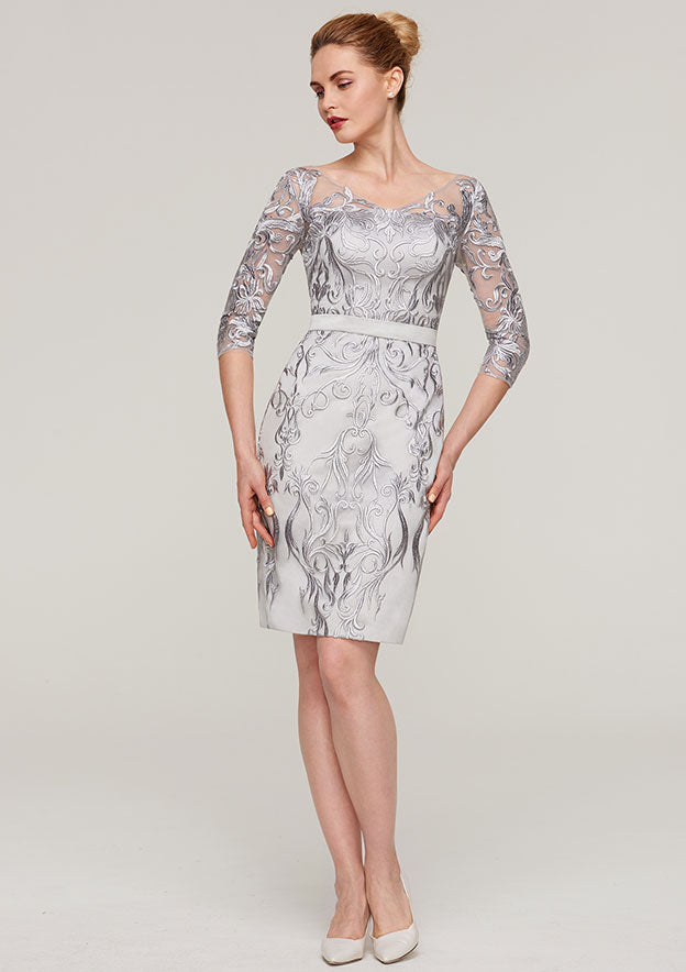Knee-Length Chiffon Mother of the Bride Dress with Jacket Appliqued Waistband, 3/4 Sleeve V Neck Sheath/Column