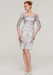 Knee-Length Chiffon Mother of the Bride Dress with Jacket Appliqued Waistband, 3/4 Sleeve V Neck Sheath/Column